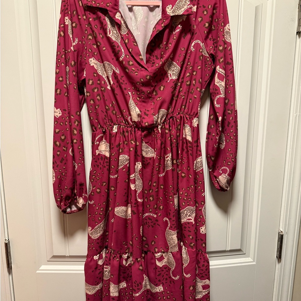Leopard Cougar Print Dress in Maroon Pink